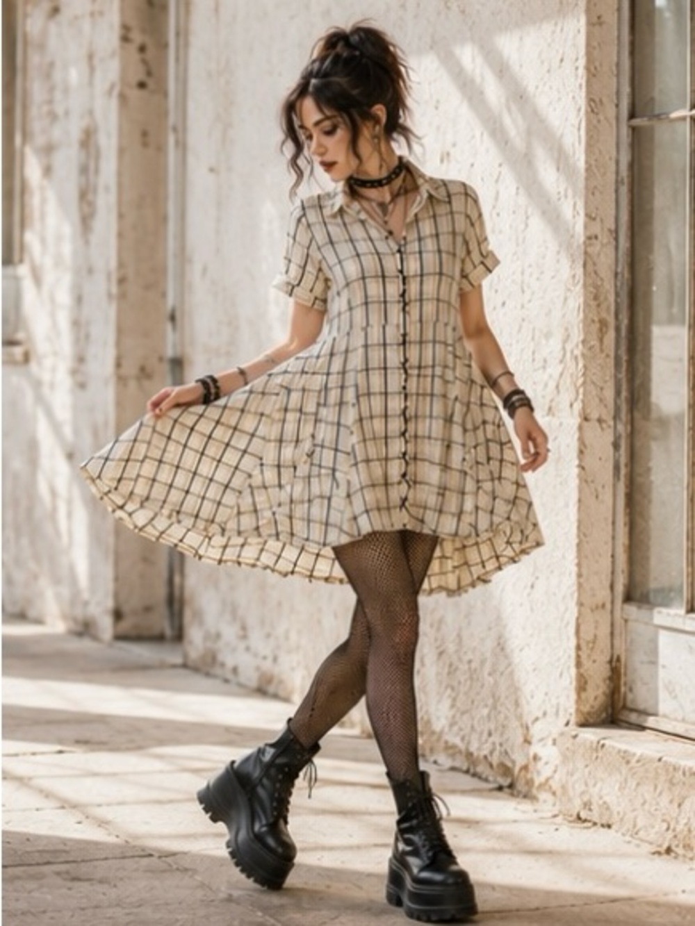 Wonder Nation Plaid Skater Dress Cream, Yellow, Black XS Women’s XL 14/16 Youth